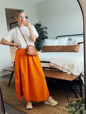 Abercrombie & Fitch Orange Maxi Skirt Linen Blend Drawstring Waist Size Small